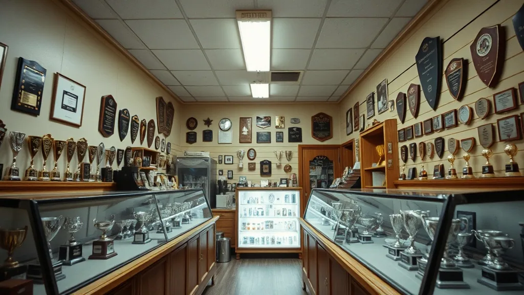 The inside of a trophy shop, long glass display cases of sample trophies and walls hung with plaques under fluorescent light