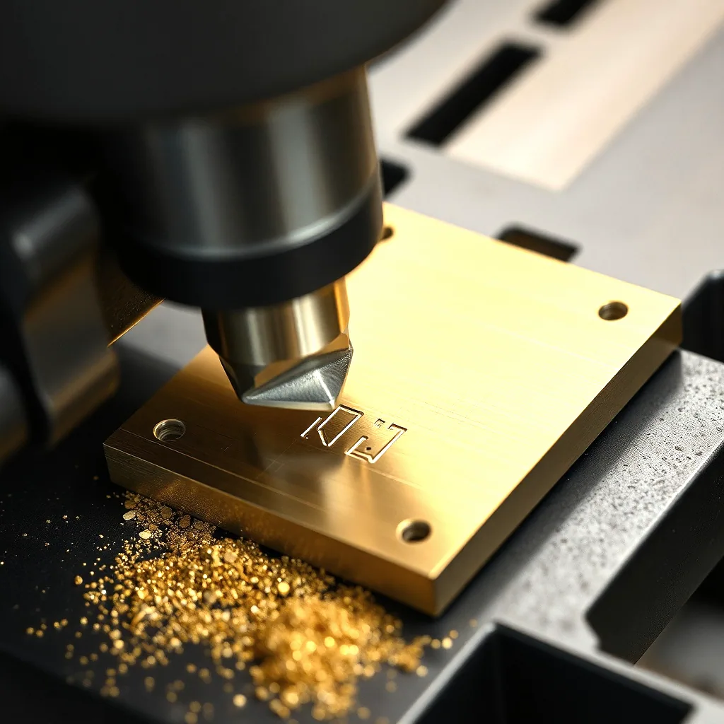 A blank brass plate clamped in a rotary engraving machine with the cutter down on the metal and brass swarf on the bed