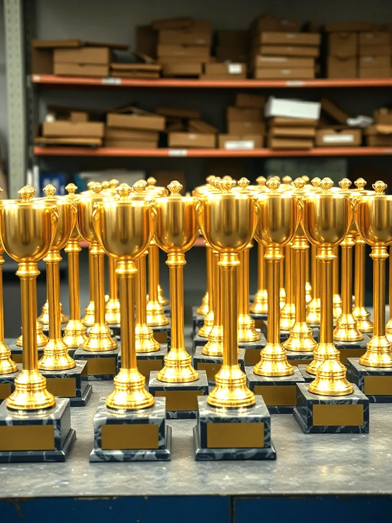 Rows of gold column trophies on marble bases laid out on a workbench with their plates still blank, tallest at the back