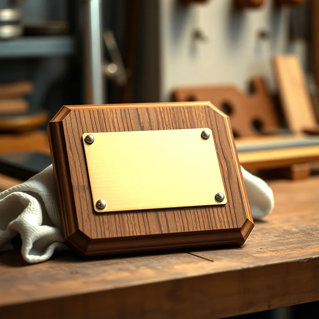 A single walnut plaque with a blank polished brass plate resting on a workbench beside a cloth