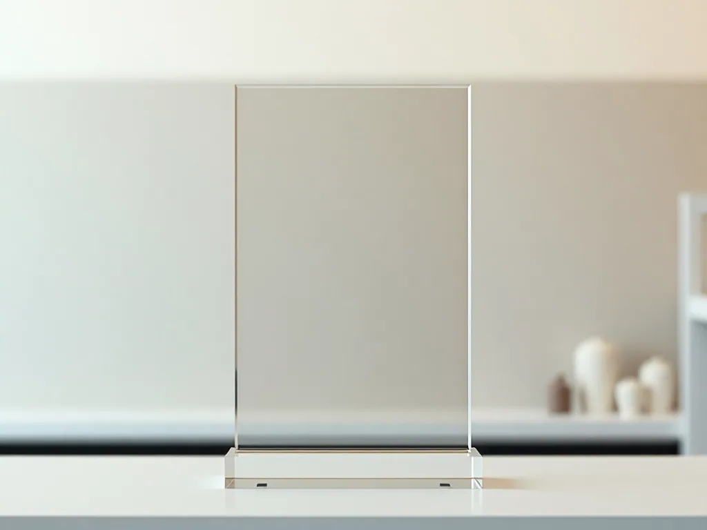 A clear rectangular acrylic award standing on a pale counter, photographed straight on