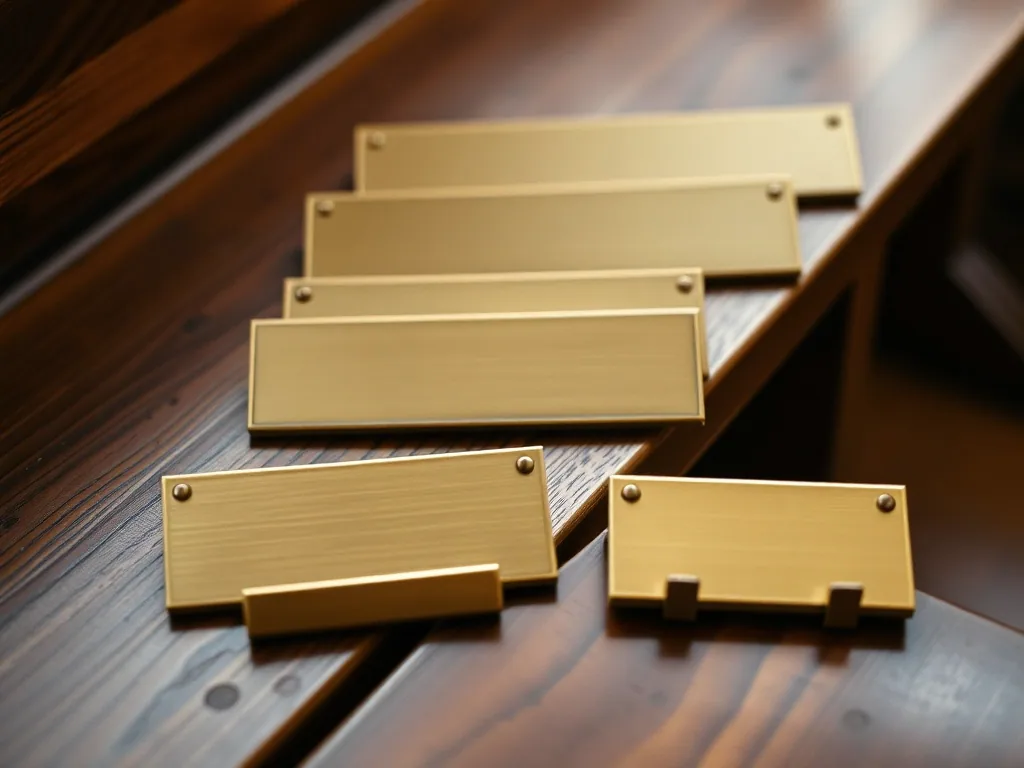 Blank brass name badges and two small brass desk wedge signs laid out on a dark wooden bench