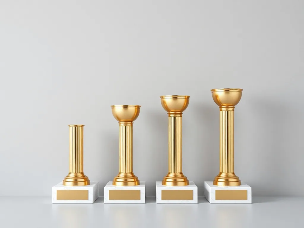 Four gold column trophies on white marble bases lined up shortest to tallest against a plain wall, plates blank