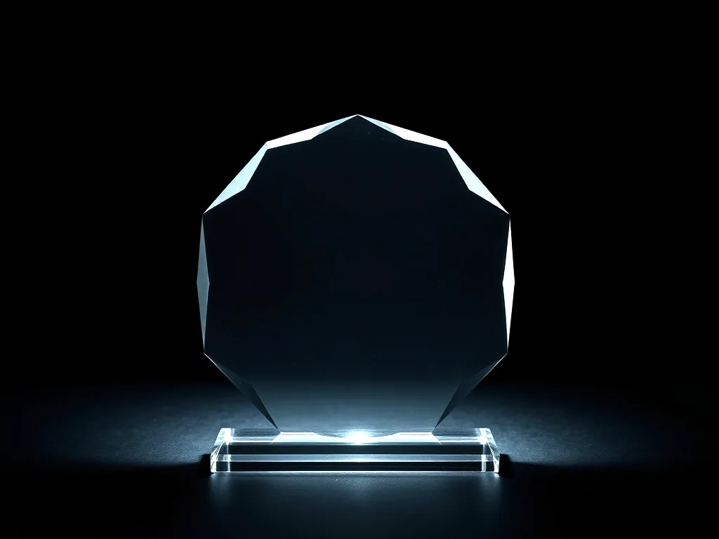 A faceted optical crystal award on a clear base lit from behind against a black background, face unengraved