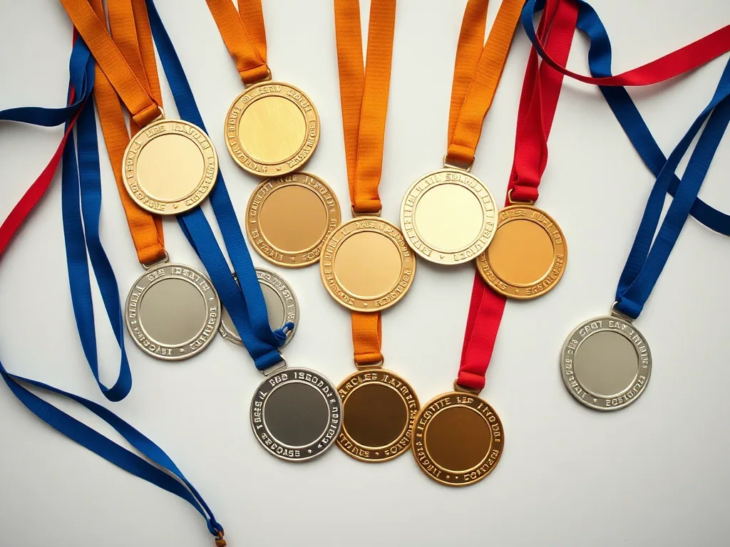 Gold, silver and bronze medals on orange, blue and red ribbons spread out on a white surface, seen from above