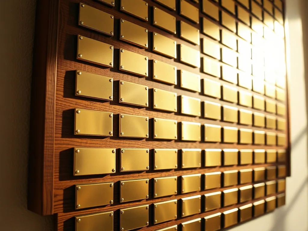 Close angled view of a walnut perpetual board covered in rows of small blank brass plates in raking light