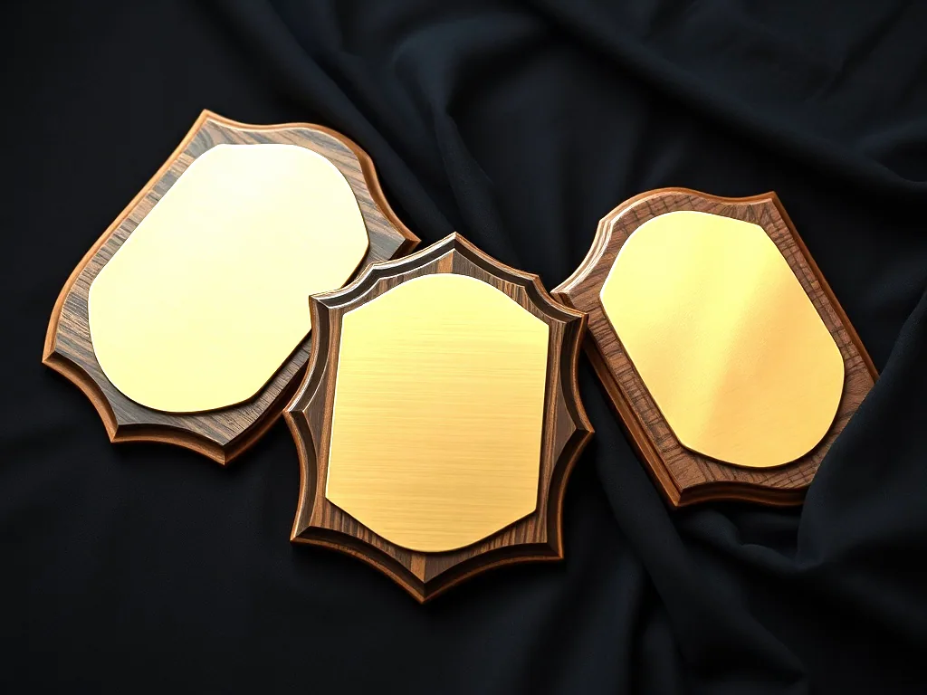 Three shaped walnut plaques with blank brass plates lying on dark cloth